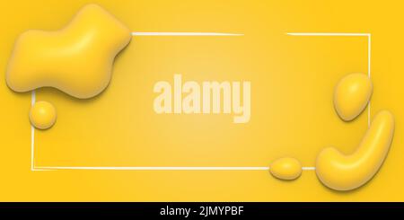 Abstract background with 3d liquid shapes. Yellow composition with glossy rounded organic figures. Border frame with copy space. 3d illustration Stock Vector