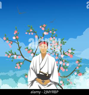 Samurai Meditating in a Cherry Garden. Cartoon style Vector illustration Stock Vector
