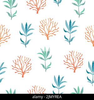 Seamless pattern with watercolor corals and seaweeds. Underwater algae. Stock Vector