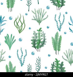 Seamless green seaweeds pattern. Underwater algae. Vector watercolor marine background. Stock Vector