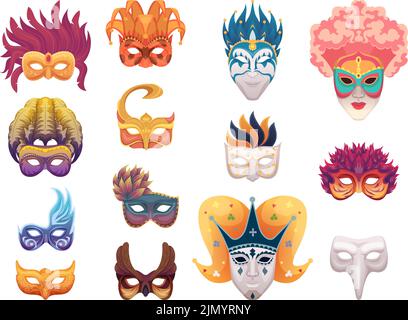 Carnival masks. Venetian fashioned items for faces festive night party colored masks exact vector illustrations isolated Stock Vector