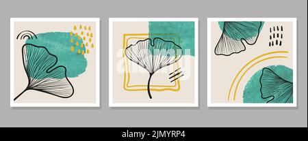 Set of abstract minimalist posters for wall art. Trendy floral vector illustration. Stock Vector
