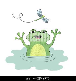Cartoon Frog and dragonfly. Vector watercolor illustration for kids Stock Vector