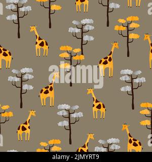 Seamless Africa pattern with cute giraffes and trees. Vector watercolor illustration of savanna. Stock Vector