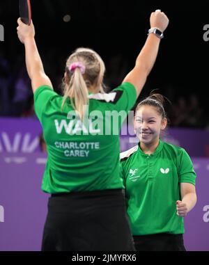 Wales' Charlotte Carey and Anna Hursey celebrate winning the Women's Doubles Bronze Medal Match at The NEC on day eleven of the 2022 Commonwealth Games in Birmingham. Picture date: Monday August 8, 2022. Stock Photo