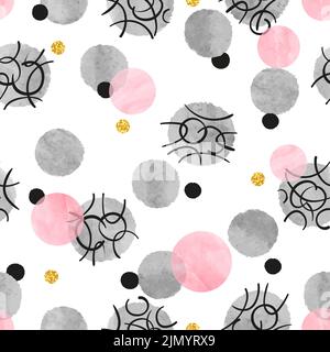 Seamless abstract dotted pattern with watercolor pink and gray circles. Vector background Stock Vector