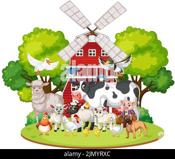 Farming theme with many animals illustration Stock Vector