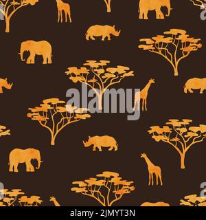 Seamless African safari pattern with watercolor silhouettes of wild animals. Stock Vector