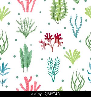 Seamless pattern with corals and seaweeds. Underwater algae. Vector watercolor marine background. Stock Vector