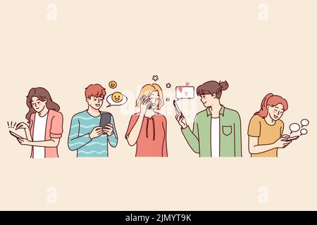 Diverse people using modern mobile phones chatting and texting online. Men and women with smartphones messaging on internet or social media. Vector illustration.  Stock Vector