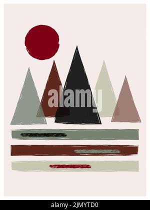 Abstract Mountain landscape wall art. Minimalist poster with mountains and sun. Stock Vector