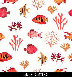 Seamless tropical sea fish pattern. Underwater watercolor vector illustration. Hand drawn corals and fish Stock Vector