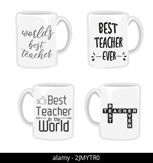 Vector illustration of thanksgiving teacher. 4 white mugs with inscriptions in different styles. Stock Vector
