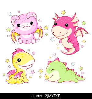 Set of kawaii fairy tale characters. Little dragons in various poses  - flying, sitting, smiling, sleeping. Collection of funny happy baby dragons. Cu Stock Vector