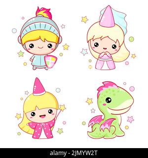 Set of kawaii fairy tale characters. Little princess, knight, fairy and dragon. Cute fairytale collection of funny happy baby characters. Vector illus Stock Vector
