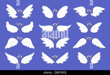 Cartoon angel wings. Drawing wing with halo, cute shining winged collection. Angels or birds, holy flying elements. Racy abstract nimbus vector set Stock Vector