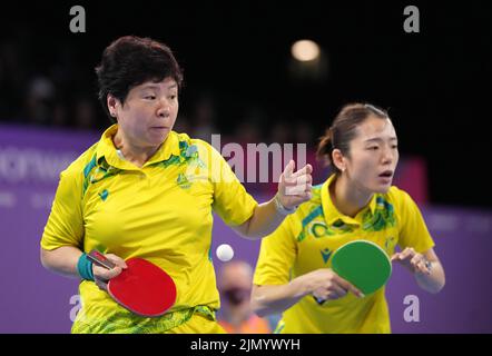 Australia's Jian Fang Lay and Minhyung Jee in the Women's Doubles Gold Medal Match at The NEC on day eleven of the 2022 Commonwealth Games in Birmingham. Picture date: Monday August 8, 2022. Stock Photo
