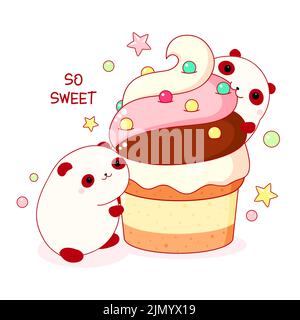 Cute animals in kawaii style. Two funny fat pandas with cupcake. Inscription So sweet. Can be used for t-shirt print, stickers, greeting card design. Stock Vector