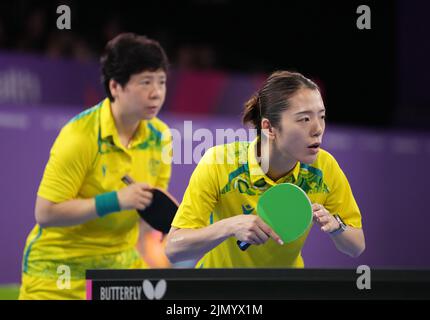 Australia's Jian Fang Lay and Minhyung Jee in the Women's Doubles Gold Medal Match at The NEC on day eleven of the 2022 Commonwealth Games in Birmingham. Picture date: Monday August 8, 2022. Stock Photo