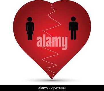 Red broken heart with silhouettes of a man and a woman, separation concept Stock Vector