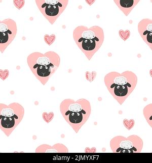 Seamless heart pattern with cute sheep. Baby print, wallpaper for kids. Stock Vector