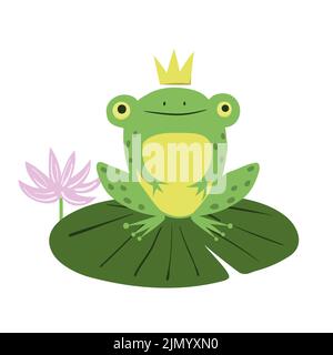 Frog prince on lily pad. Cartoon vector illustration of green frog with crown. Stock Vector