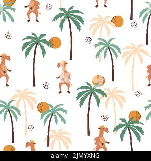 Seamless safari pattern with cute camel and palm trees. Baby print, kids textile design. Stock Vector