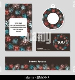 Vector set of banner, card, label templates design with colorful dots on black background. Stock Vector