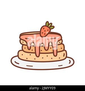 Cute pancakes with strawberry jam decorated with berries. Sweet food isolated on white background. Vector hand-drawn illustration in doodle style. Stock Vector