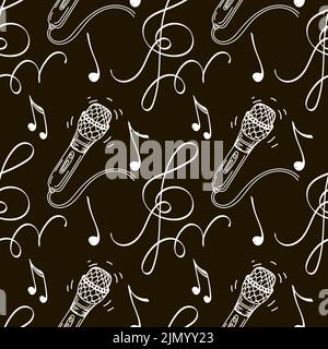 Seamless drawing of a microphone, music key, and notes. Hand-drawn doodle elements. on black background. Music pattern, vector illustration Stock Vector