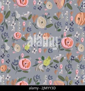 Seamless floral pattern. Vector abstact flowers on grey background. Illustration with roses Stock Vector