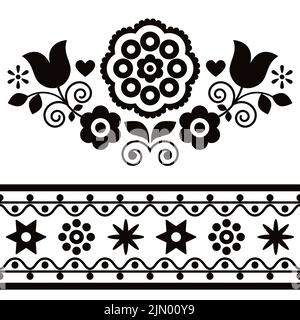 Polish folk art vector design elements black and white collection with flowers and hearts - perfect for greeting card or wedding invitation Stock Vector
