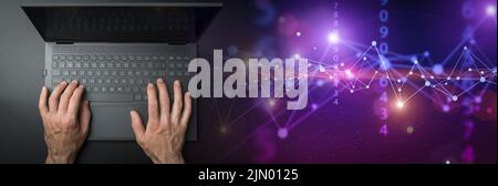 Big data technology background. Using a laptop against the background of visualization of a computer internet network, social connection, analytics, information. High quality photo Stock Photo