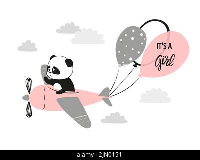 Baby Shower girl greeting card. Cute panda pilot on airplane. Stock Vector