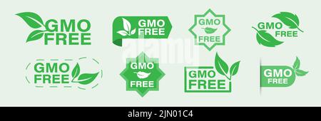 GMO free icons. Healthy food concept. organic cosmetics. Non-GMO labels. Isolated vector illustration. Stock Vector