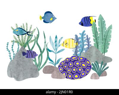 Coral reef scene with sea fish. Vector watercolor marine illustration. Stock Vector