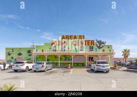 Pahrump, USA - May 23, 2022: Area 51 Alien Center convience store and gas station on highway from Vegas to Death Valley with alien decor. Stock Photo