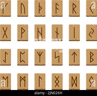 Game runes, wooden sacred stones with ethnic nordic symbols. Divination signs, runic viking letters. Celtic abc, norwegian magic tablets tidy vector Stock Vector