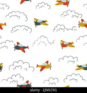 Seamless pattern with colorful airplanes and clouds for kids Stock Vector