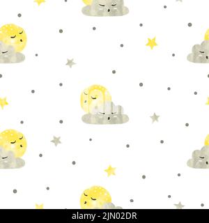 Seamless cute pattern with sleeping moon and cloud. Baby vector illustration. Stock Vector