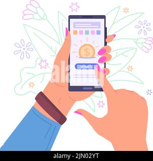 Smartphone online donation. Hand hold phone and giving money donation presses button on screen mobile app campaign crowdfunding aid charity donate vector illustration. Online charity smartphone Stock Vector