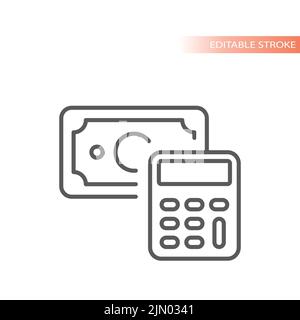 Dollar bill, money and calculator line vector icon. Budget, finance outlined symbol. Stock Vector