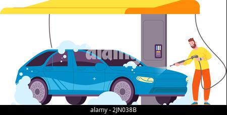 Self-service car wash. City self carwash service, jet water cleaning equipment high pressure system for washing auto transport, care machine station, splendid vector illustration of automobile washer Stock Vector