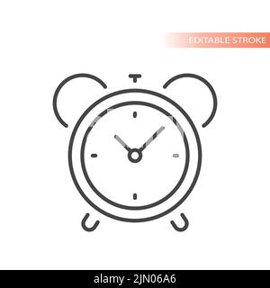 Alarm clock with bell line vector icon. Simple morning dial watch outlined symbol. Stock Vector