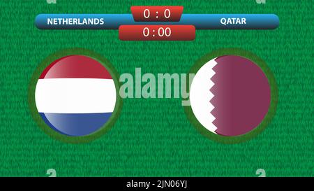 Netherlands vs Qatar scoreboard template for soccer tournament 2022 in Quatar. Group A match. Vector illustration. Sport template. Stock Vector