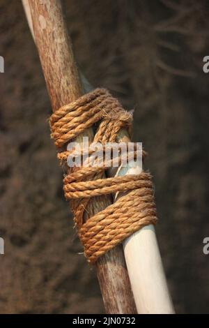 Two branches tied tied together with rope in black and white monochrome ...