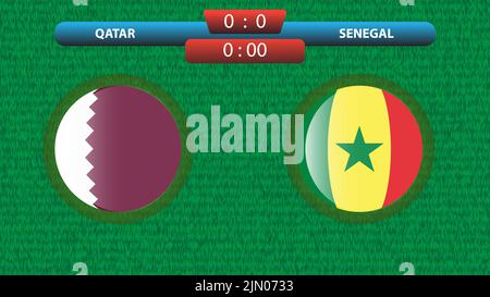 Qatar vs Senegal scoreboard template for soccer tournament 2022 in Qatar. Group A match. Vector illustration. Sport template. Stock Vector