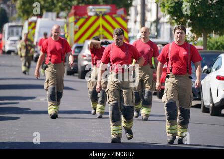 Emergency services at the scene in Galpin's Road in Thornton Heath, south London, where the London Fire Brigade (LFB) report that a house has collapsed amid a fire and explosion. Picture date: Monday August 8, 2022. Stock Photo