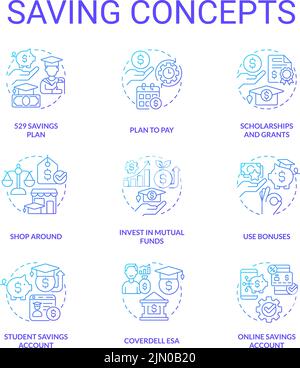 Saving for education blue gradient concept icons set Stock Vector