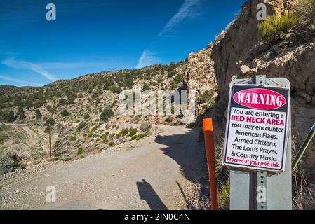 Warning sign, Cherry Creek Canyon, from Basin and Range Natl Monument, near ghost town of Adaven, Grant Range, Humboldt Toiyabe Natl Forest, Nevada Stock Photo